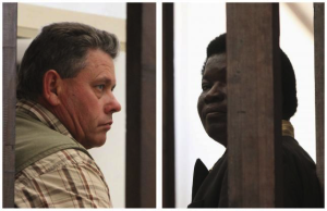 A combination photo shows landowner Honest Ndlovu (R) and hunter Theo Bronkhorst waiting to appear in Hwange magistrates court, July 29, 2015. (Reuters/Philimon Bulawayo)